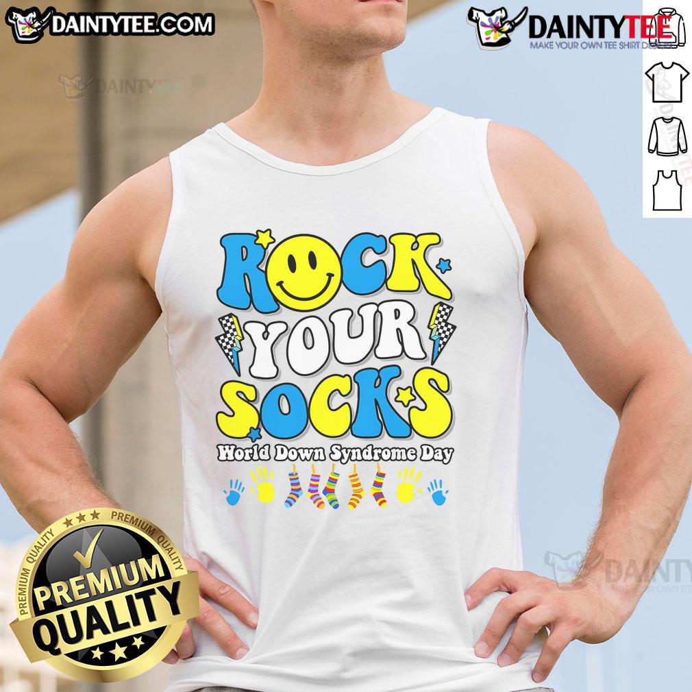 Stylish 'Nice Rock Your Socks World' tank top for Down Syndrome Awareness Day, featuring vibrant colors and a positive message.