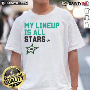 Alt Text: Awesome Dallas Stars My Lineup T-Shirt featuring vibrant team colors and logo, perfect for fans and game day.