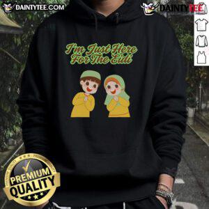 Alt Text: Cute I'm Just Here for the Eidi hoodie design featuring playful typography and vibrant colors perfect for festive celebrations.