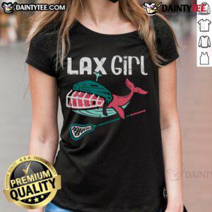 Cute girl in a lacrosse tee with a whale design, perfect for ladies who love lacrosse sports.