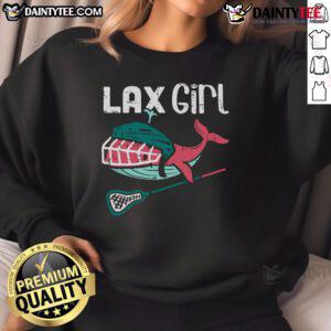 Alt Text: Cute girl in a lacrosse sweatshirt featuring a whale design, perfect for sport and casual wear.