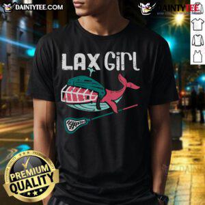 Alt Text: Adorable lax girl in a lacrosse whale sport t-shirt, showcasing a fun design perfect for young lacrosse enthusiasts.