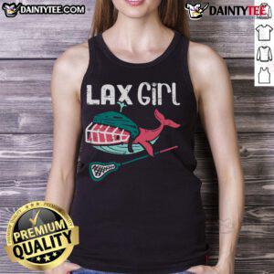 Cute girl in lacrosse whale sport tank top, showcasing a fun and vibrant design for lacrosse enthusiasts.