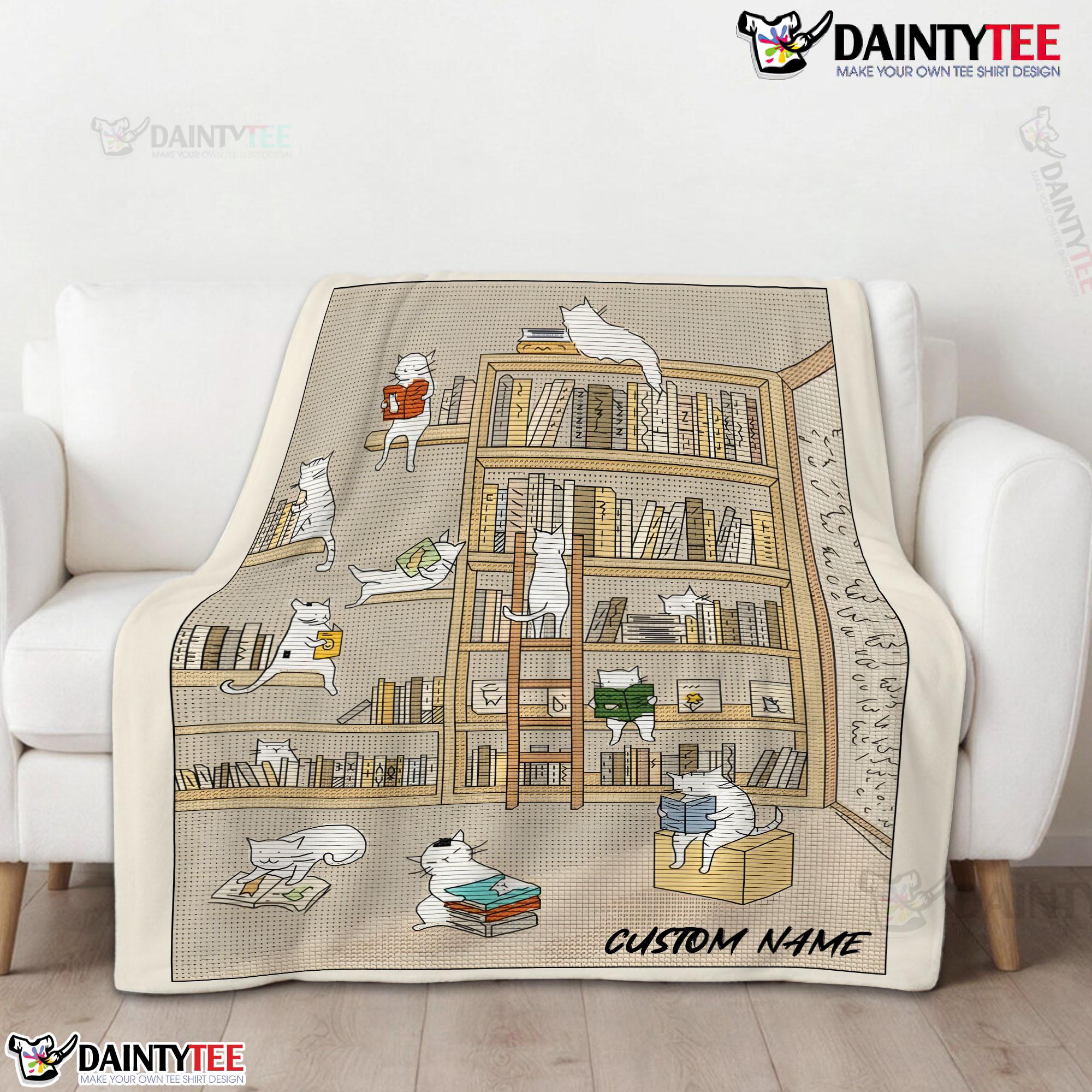 Cute Vintage Minimalist Cat Book Reading Blanket Fleece Customized Blanket