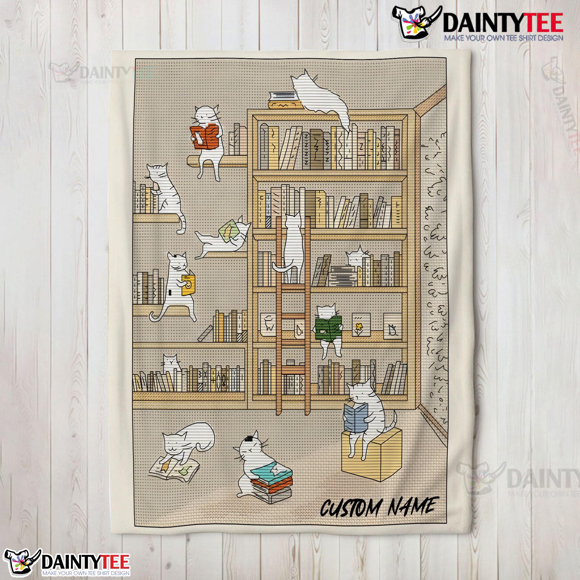 Cute Vintage Minimalist Cat Book Reading Blanket Fleece Customized Blanket
