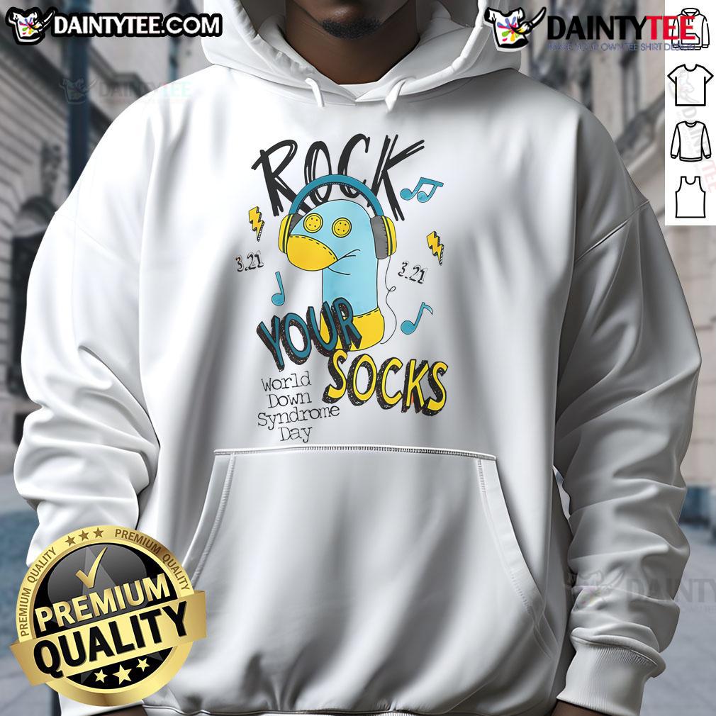 Alt Text: Cute World Down Syndrome Day Rock Your Socks hoodie promoting awareness and support for Down syndrome.