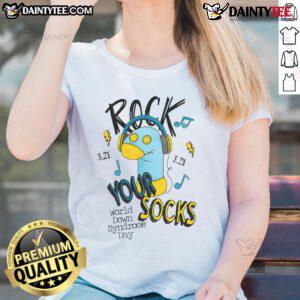 Stylish ladies' tee for World Down Syndrome Day featuring 'Rock Your Socks' design, promoting awareness and support.