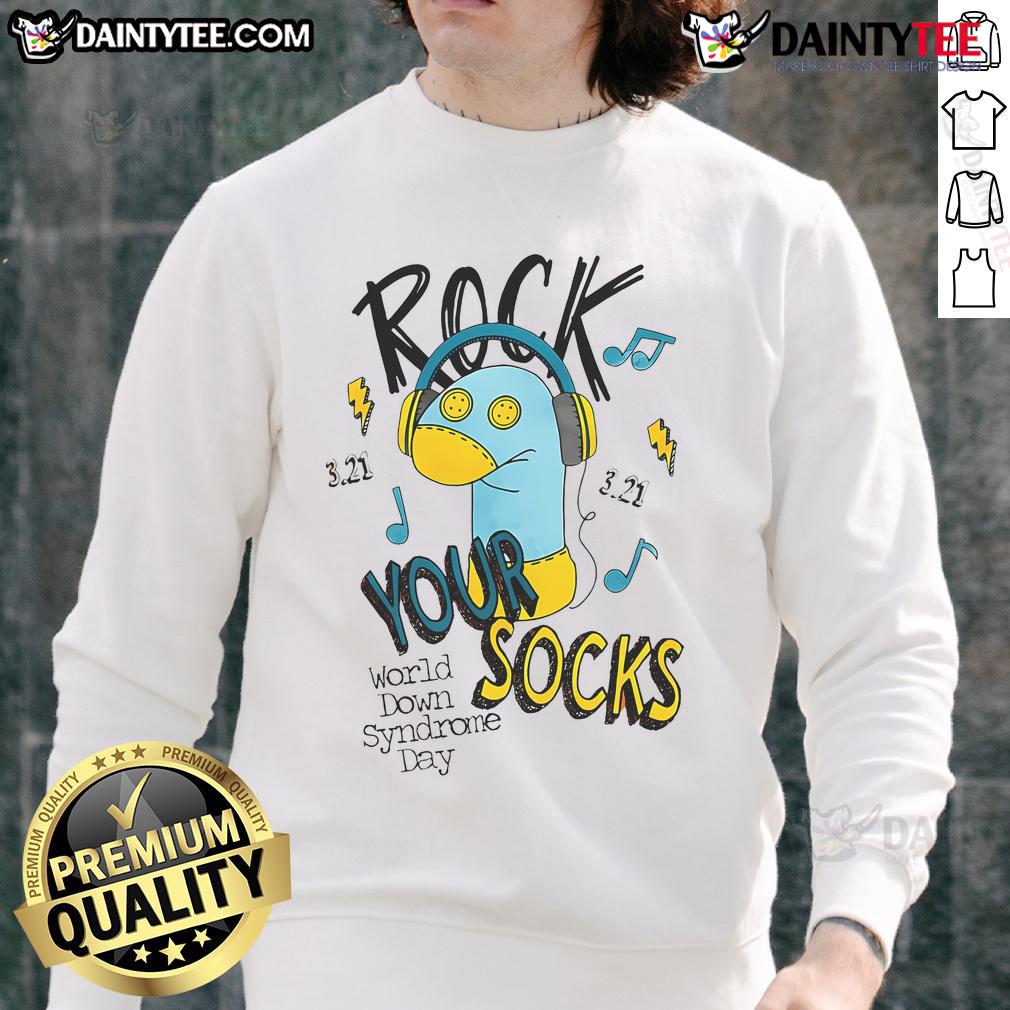 Colorful sweatshirt for World Down Syndrome Day featuring 'Rock Your Socks' design, promoting awareness and support.