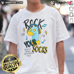 Alt Text: Cute World Down Syndrome Day Rock Your Socks T-Shirt for awareness and support, featuring colorful sock designs.