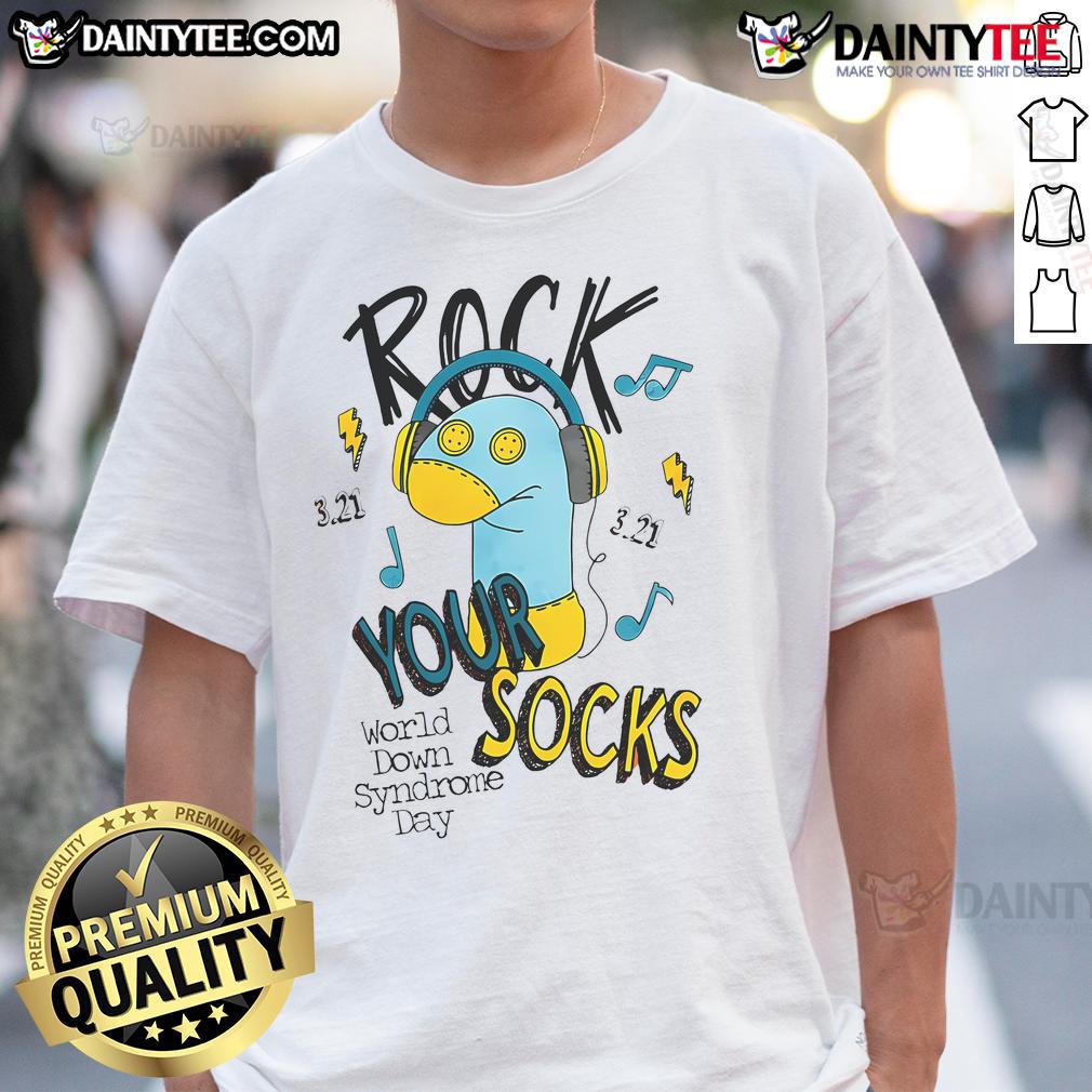 Alt Text: Cute World Down Syndrome Day Rock Your Socks T-Shirt for awareness and support, featuring colorful sock designs.