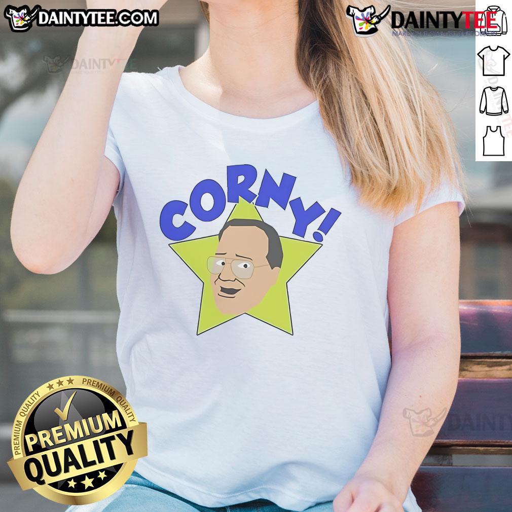 Alt Text: Funny Arcadian Vanguard Jim Cornette Corny Ladies Tee showcasing a humorous design perfect for wrestling fans.