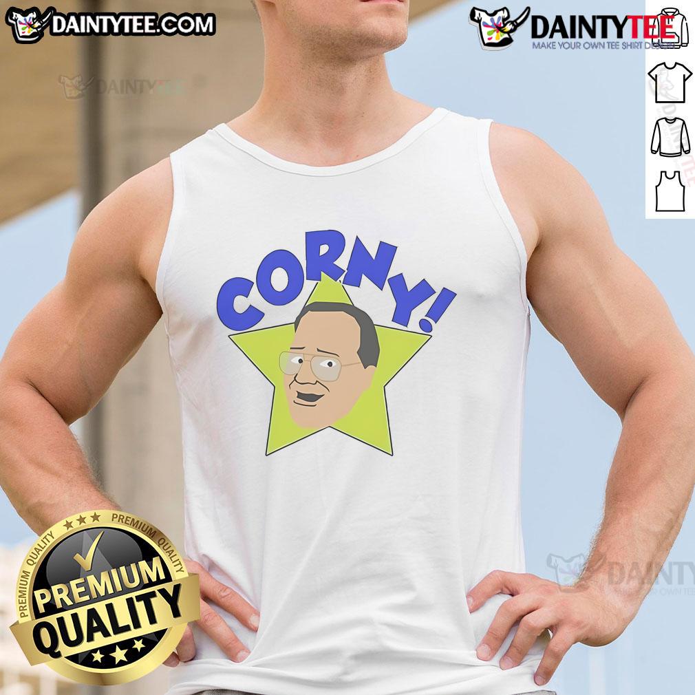 Jim Cornette wearing a funny Arcadian Vanguard tank top, showcasing his unique wrestling humor and style.
