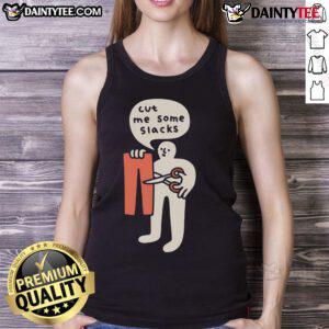 Woman wearing a 'Funny Cut Me Some Slacks' cute tank top, smiling and posing outdoors in casual style.