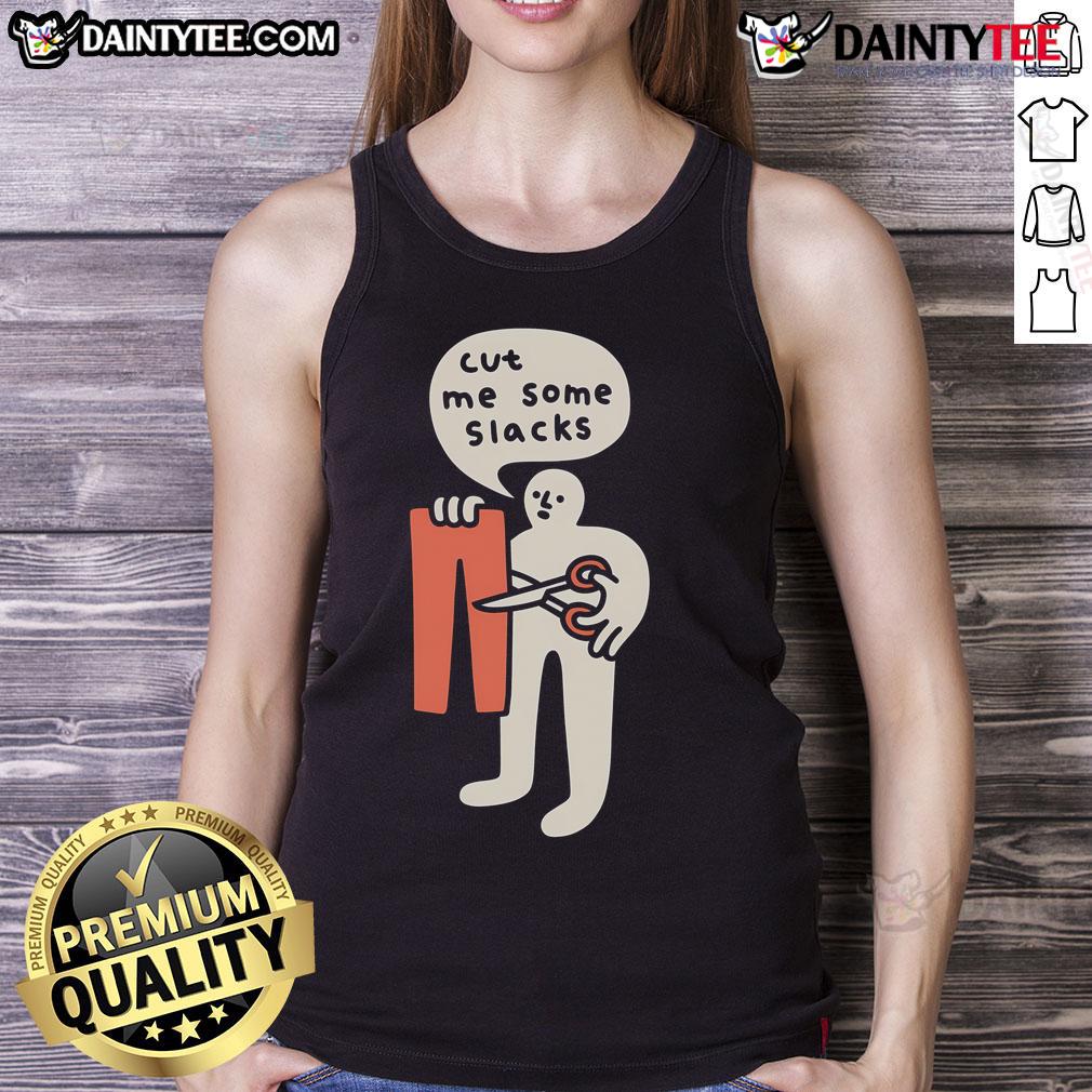 Woman wearing a 'Funny Cut Me Some Slacks' cute tank top, smiling and posing outdoors in casual style.