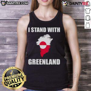 Good I Stand With Greenland tank top design featuring bold green text on a stylish black background.