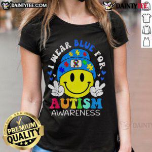 Good in April We Wear Blue Autism Awareness Ladies Tee featuring vibrant blue design for Autism support.