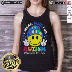 Blue Autism Awareness tank top featuring 'Good in April' slogan, promoting support for Autism Spectrum Disorder.