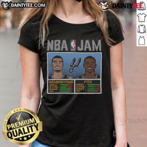 Good NBA Jam Spurs Wembanyama and Fox ladies tee featuring vibrant graphics and comfortable fit for basketball fans.