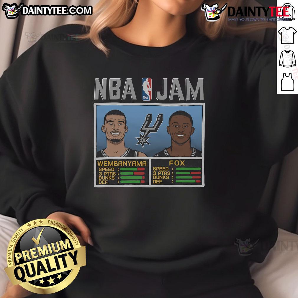 Good NBA Jam Spurs sweatshirt featuring Wembanyama and Fox, perfect for basketball fans and stylish comfort.