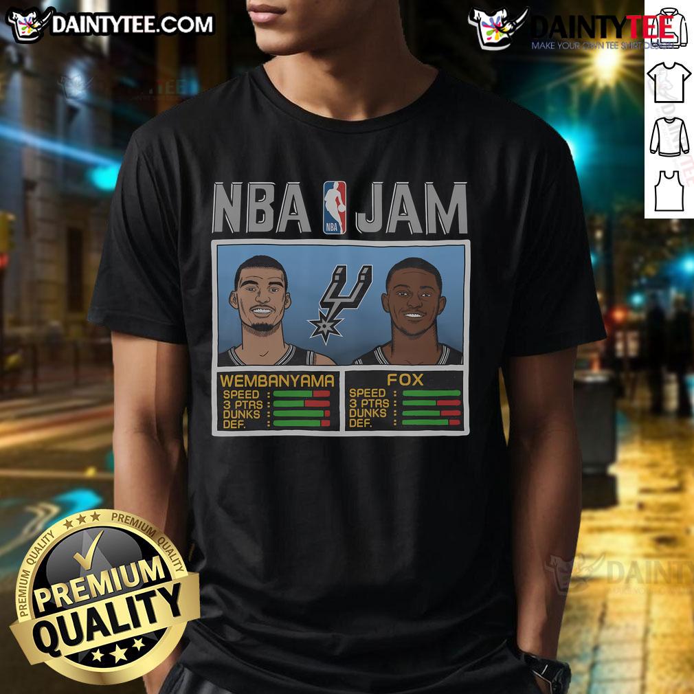 Good NBA Jam Spurs Wembanyama and Fox T-Shirt featuring vibrant graphics of basketball stars on a stylish tee.