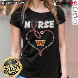 Good Nurse It's a Work of Heart Washington Commanders ladies tee featuring team colors and heart design.