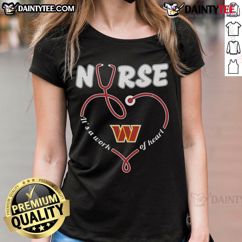 Good Nurse It's a Work of Heart Washington Commanders ladies tee featuring team colors and heart design.