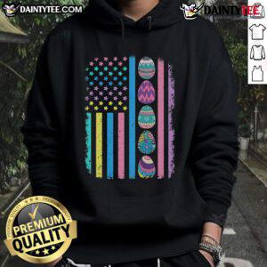 Happy Easter egg hunting in a USA American flag hoodie, celebrating spring with vibrant colors and festive spirit.