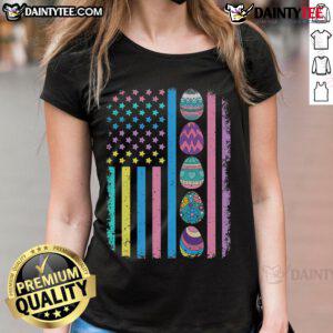 Happy Easter egg hunting ladies tee featuring the American flag design, perfect for festive spring celebrations.