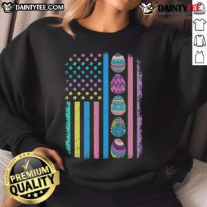 Happy Easter egg hunting sweatshirt featuring USA American flag design, perfect for festive spring celebrations.