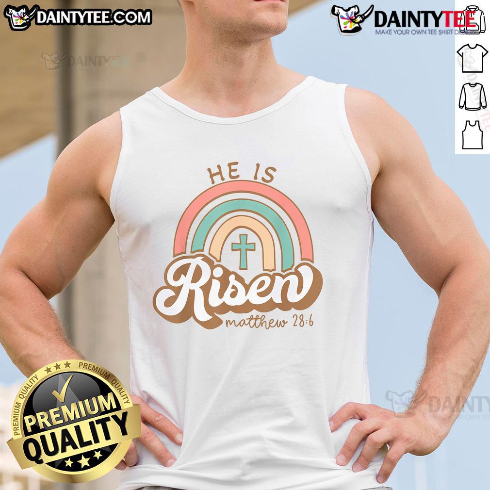 Vintage Easter tank top featuring a rainbow cross and the phrase 'Happy He Is Risen' for festive spring celebrations.