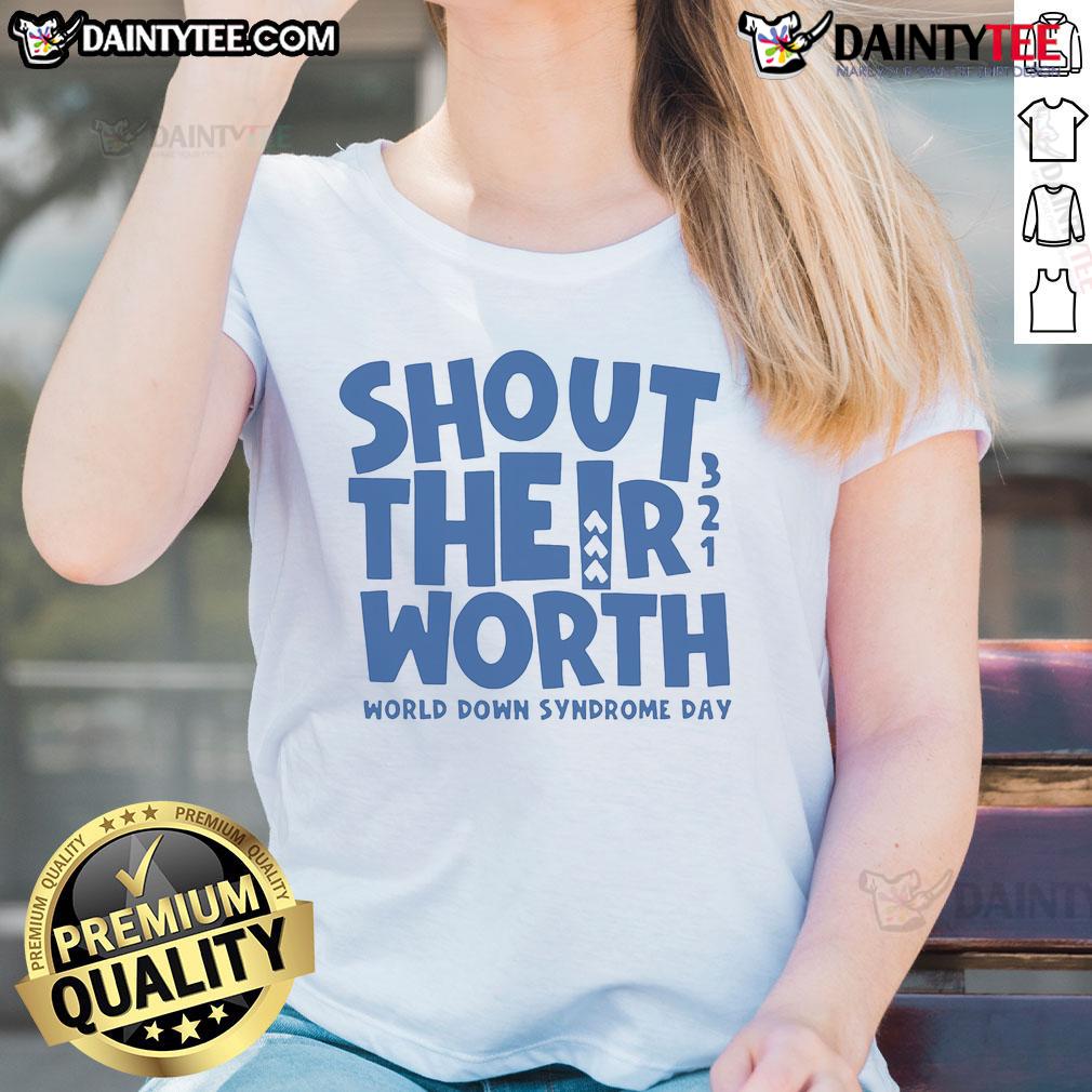 Happy ladies wearing 'Shout Their Worth' tees for World Down Syndrome Day, celebrating inclusivity and awareness.