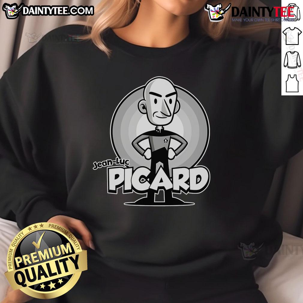 Alt Text: Classic sweatshirt featuring Jean-Luc Picard design, perfect for fans of Star Trek and stylish casual wear.