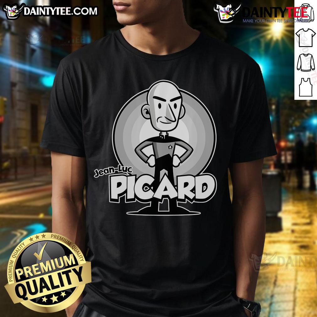 Alt Text: Classic Jean-Luc Picard T-shirt featuring iconic Star Trek design, perfect for fans and collectors of sci-fi apparel.