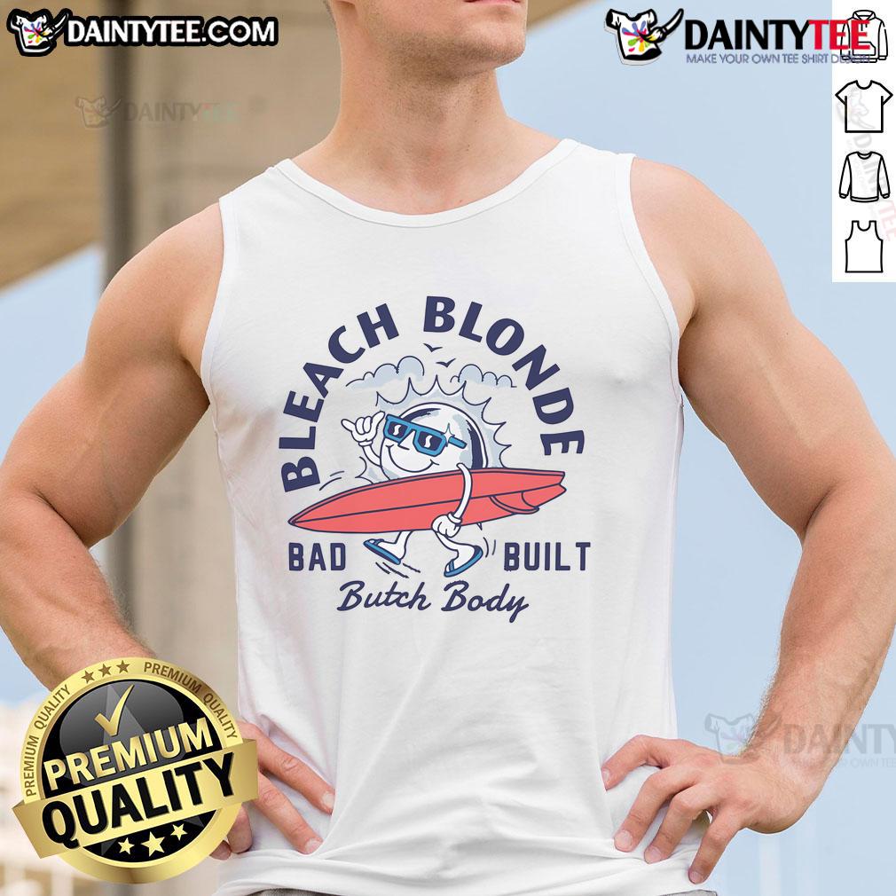 Stylish bleach blonde tank top featuring a bold 'Awesome Bad Built Butch' graphic design for a trendy look.