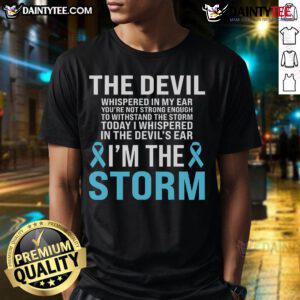 Alt Text: Light blue ribbon t-shirt with 'I Am The Storm' design for prostate cancer awareness, promoting support and hope.