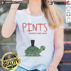 Cute Pints Worth The Wait Turtle Ladies Tee featuring a playful turtle design on soft fabric for casual wear.