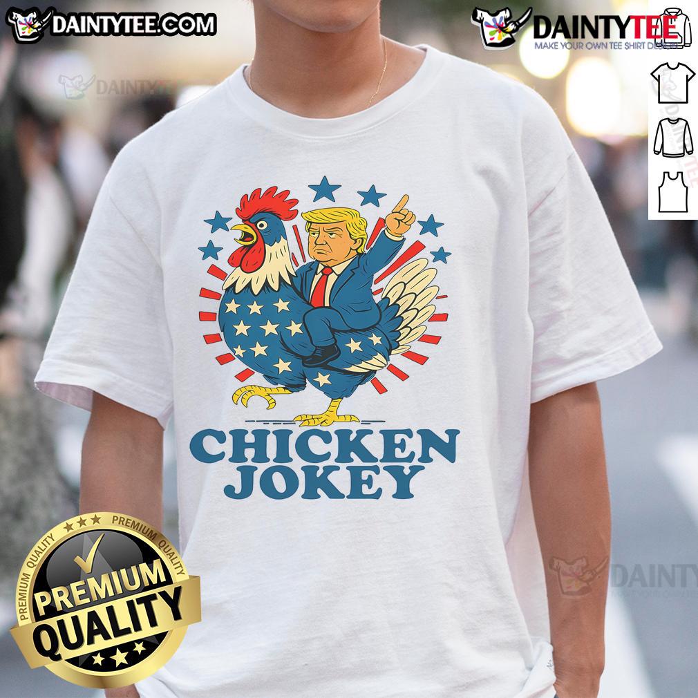 Funny Chicken Jockey Trump Trending T-Shirt with a humorous design featuring a chicken riding a jockey, perfect for fans.