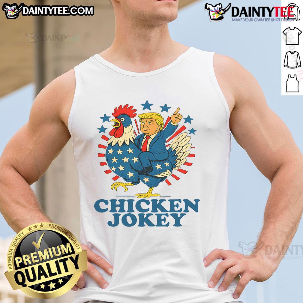 Funny chicken jockey wearing a tank top featuring Trump, trending design perfect for humor lovers and political enthusiasts.