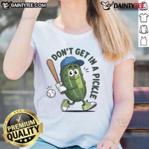 Alt Text: Funny Don't Get In A Pickle baseball ladies tee showcasing a playful design perfect for softball fans.