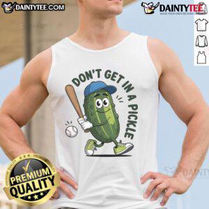 Funny 'Don't Get in a Pickle' baseball tank top featuring a playful design perfect for baseball lovers and summer fun.