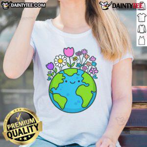 Cute Earth illustration with floral accents on a Funny Earth Day 2025 ladies tee, perfect for eco-friendly fashion.
