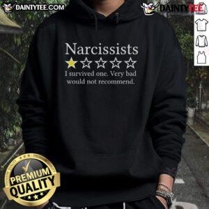 Funny narcissist hoodie featuring a 1-star rating and the text 'I Survived One Very Bad, Would Not Recommend.'