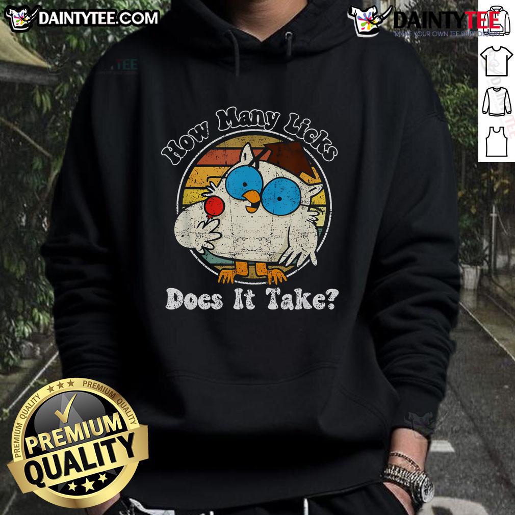 Alt Text: Retro vintage hoodie featuring a funny owl graphic asking, How many licks does it take? Perfect for casual wear.