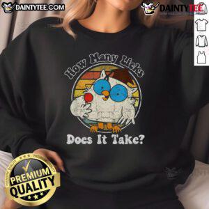 Funny owl graphic on a retro vintage sweatshirt asking, 'How many licks does it take?' Perfect for quirky fashion lovers.