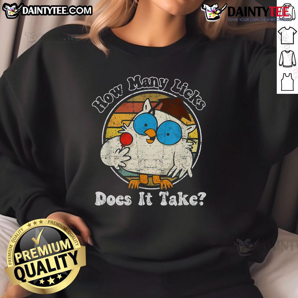 Funny owl graphic on a retro vintage sweatshirt asking, 'How many licks does it take?' Perfect for quirky fashion lovers.