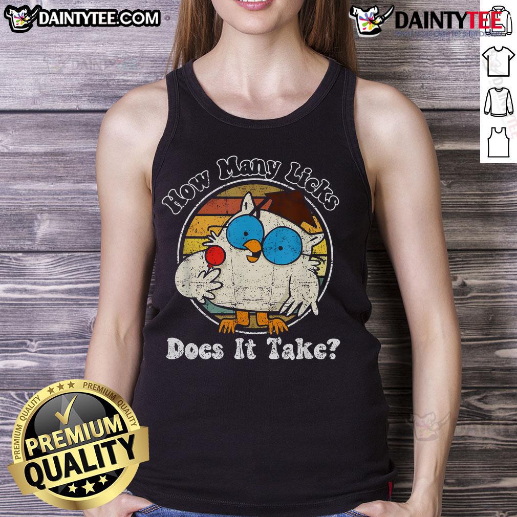 Funny owl graphic on a retro vintage tank top asking 'How many licks does it take?' Perfect for quirky fashion lovers.