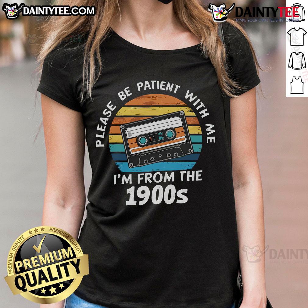 Vintage sunset ladies tee featuring a humorous 'Please Be Patient, I'm From the 1900s' VHS tape design.
