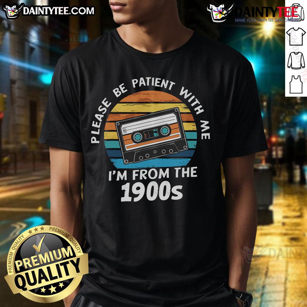 Funny vintage sunset T-shirt featuring 'Please Be Patient With Me, I'm From The 1900s' VHS tape design.