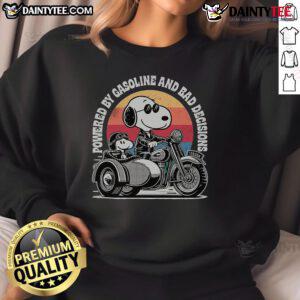 Alt Text: Funny Powered By Gasoline And Bad Decisions Snoopy Woodstock three-wheeled motorcycle sweatshirt design.