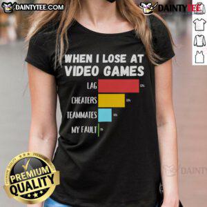 Funny ladies' tee featuring a humorous take on losing at video games, lag, cheaters, and teammates. Perfect for gamers!